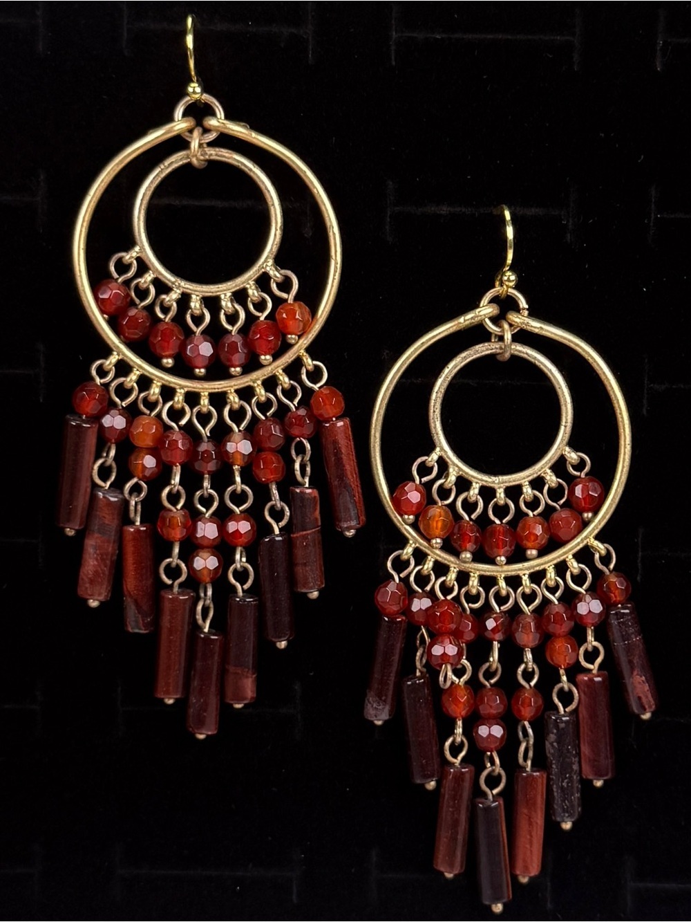 Gorgeous, goldtone, red burgundy beaded fringe pierced earrings